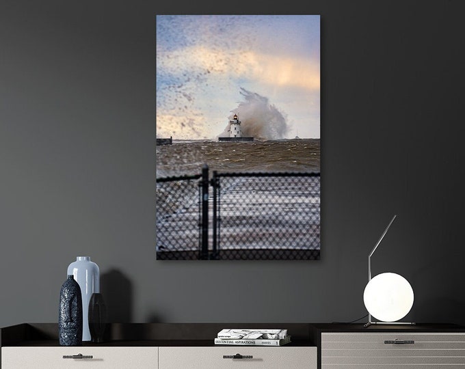 Waving In - Cleveland Harbor West Pierhead Lighthouse | Coastal Wall Art | Stormy Sky Wall Decor | Big Waves | Beach Cottage Wall Art | Ohio