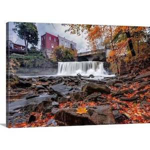 Autumn in Chagrin Falls, Ohio Canvas | Waterfall Wall Art | Foliage Wall Decor | Midwest Landscape | Small Town Print | Autumn Art
