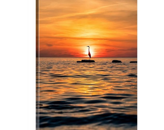 Great Blue Heron Canvas | Lake Erie, OH | sunset photography | bird wall art | photography prints | Water Wall Art |