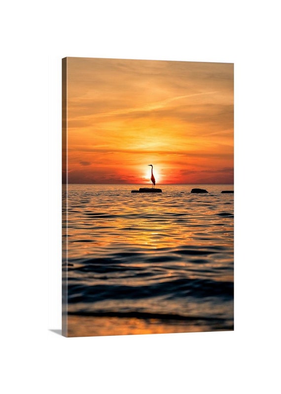 Great Blue Heron Canvas | Lake Erie, OH | sunset photography | bird wall art | photography prints | Water Wall Art |
