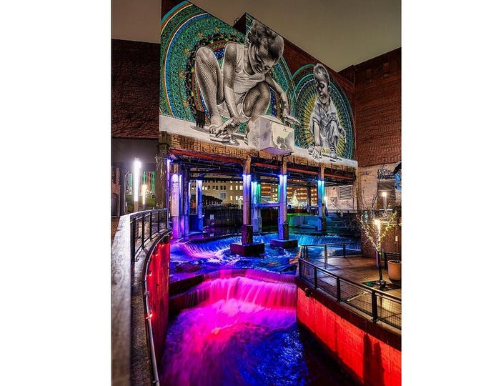 Lock 4 - Akron, OH | Urban Waterfall | Urban Wall Decor | Long Exposure Cityscape | Colorful Mural | Night photo print | Downtown Akron Ohio