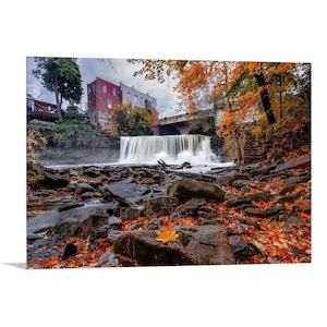 Autumn in Chagrin Falls, Ohio | Waterfall Wall Art | Foliage Wall Decor | Midwest Landscape | Small Town Print | Americana | Foggy Waterfall