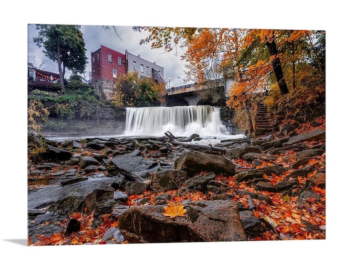 Autumn in Chagrin Falls, Ohio | Waterfall Wall Art | Foliage Wall Decor | Midwest Landscape | Small Town Print | Americana | Foggy Waterfall