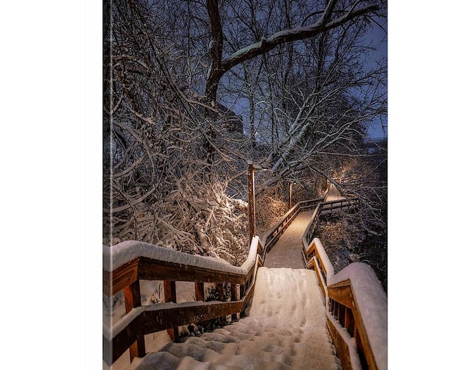 Cozy Winter Nights Canvas (Ready to Hang)  | Cuyahoga Falls, OH | Winterscape | Winter Wall Decor | Winter Landscape Print | Winter Art