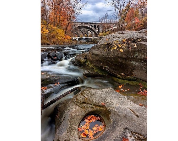 Autumn at Berea Falls, Ohio | Cleveland Metroparks | Waterfall Art | Bridge Art | Fall Decor | Autumn Decor | Stone Arch Bridge