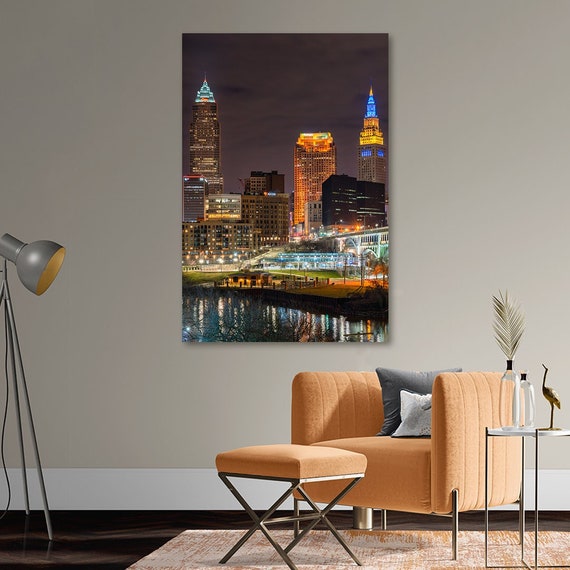 Lit up for Ukraine - Cleveland, OH | Cleveland Skyline | Downtown Cleveland | The Land | Night Cityscape | Skyscraper Wall Decor | Ohio Art