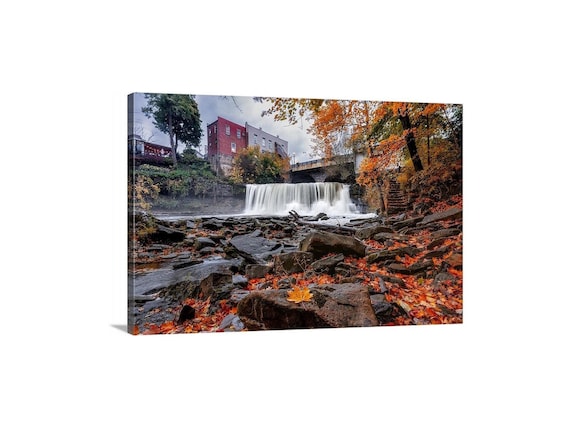 Autumn in Chagrin Falls, Ohio Canvas | Waterfall Wall Art | Foliage Wall Decor | Midwest Landscape | Small Town Print | Autumn Art