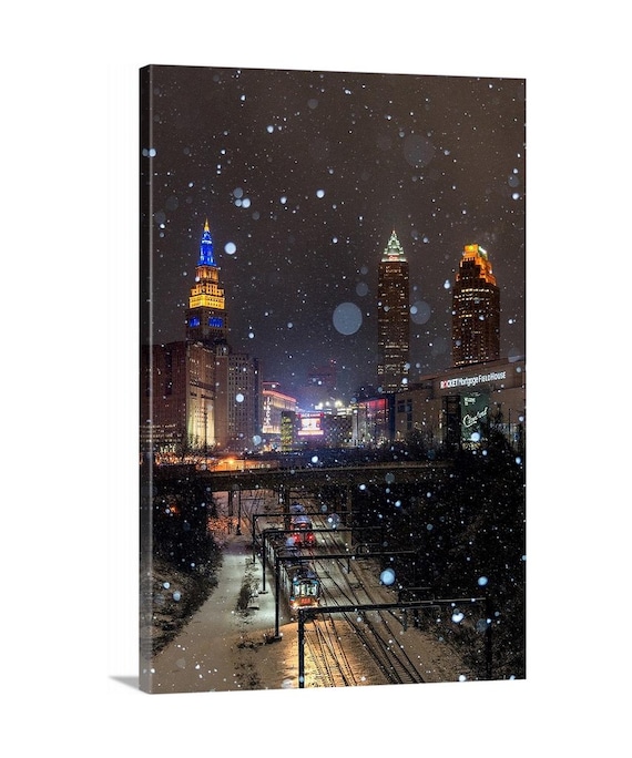 The Rapid Canvas (Ready to Hang) - Cleveland, OH | Train Art | Night City | Nightscape | Downtown Cleveland | Ohio