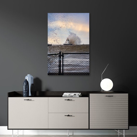 Waving In - Cleveland Harbor West Pierhead Lighthouse | Coastal Wall Art | Stormy Sky Wall Decor | Big Waves | Beach Cottage Wall Art | Ohio
