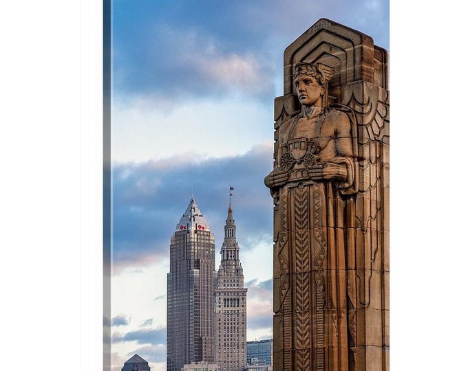 Guardian of Traffic (Ready to Hang Canvas) | Cleveland Baseball | The Guards | Cleveland Guardians Wall Decor | Skyscraper Print | Ohio Art