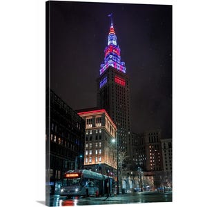 Snowy April Night Canvas (Ready to Hang) | Terminal Tower in Cleveland, OH | Skyscraper Wall Decor | City at Night Art | Snowy City | Nitght