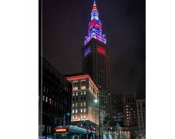 Snowy April Night Canvas (Ready to Hang) | Terminal Tower in Cleveland, OH | Skyscraper Wall Decor | City at Night Art | Snowy City | Nitght