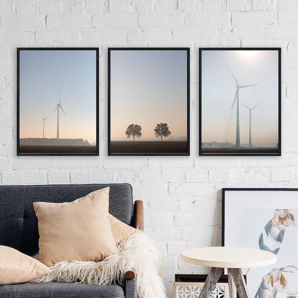 Éoliennes dans le brouillard au soleil du matin, collage de 3 photos, téléchargement numérique, art imprimable, photographie de paysage, photographie de voyage