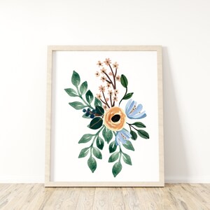 Watercolor Floral Printable Wall Art, Kids Room Decor, Blue Floral Print, Peach Print Wall Art, Flower Art, Flower Print, Digital Download