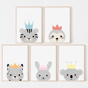 Gray Animals Printable Wall Art Set of 5, Kids Room Decor, Digital Download