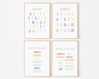 Bunte Lernposter 4er Set, druckbare Wandkunst für Kinder, Inspo-Poster für das Klassenzimmer, Lerndruck, digitaler Download