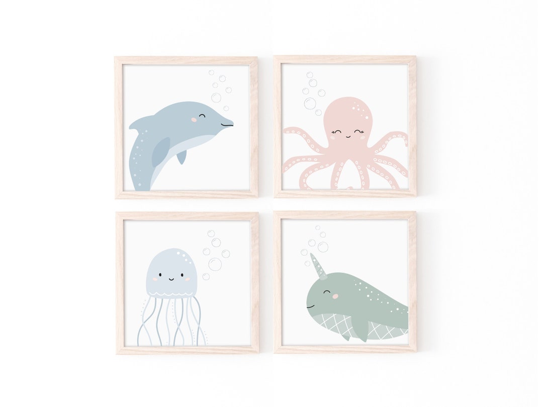 Sea Life Prints Set of 4, Sea Creature Nursery, Sea Life Nursery Art ...