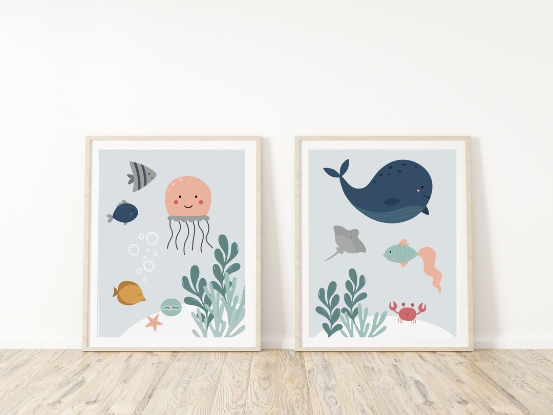 Sea Life Printable Wall Art Set of 2, Under the Sea Nursery Art, Kids Room Decor, Digital ...