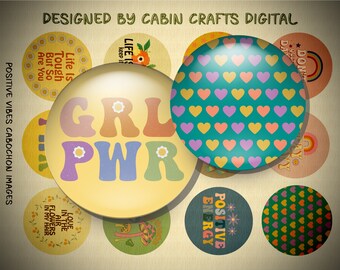 30mm Cabochon Images, Positive Vibes Digital Images, 1.18" Bottle Cap, Printable Digital Download Collage Sheet, Cabochon Pendant Images