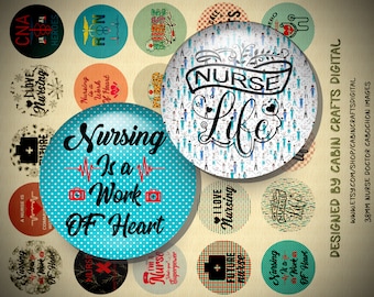 38mm Cabochon Images, Nurse Life Digital Images, 1.5" Bottle Cap Jewelry, Printable Digital Download Collage Sheet, Cabochon Pendant Images