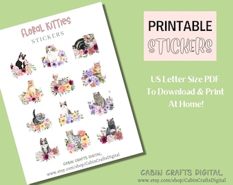 Floral Kitties Stickers, Printable Sticker Sheet, US Letter Size Digital Download Stickers, Printable Planner Stickers