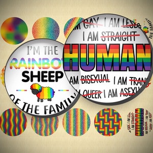 May include: A selection of 38mm Pride cabochon images. The designs feature rainbow patterns and text that reads "I'm the Rainbow Sheep of the Family" with a rainbow sheep illustration, and "HUMAN" in rainbow colours. Other designs include rainbow patterns.