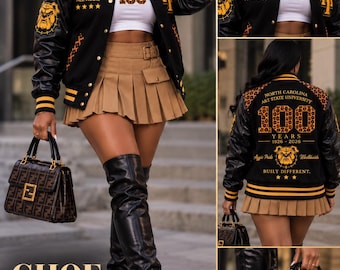 North Carolina A&T, Aggies, Cheetah wool body, leather sleeves 100th Varsity Jacket