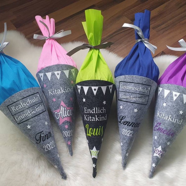 personalized school cone, sugar bag made of felt, daycare bag, sibling bag with name, small school cone, school cone secondary school