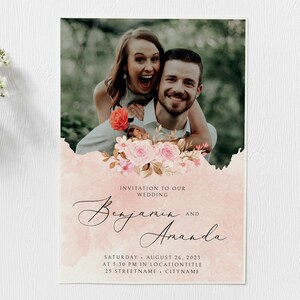 Carte d’invitation individuelle rose pour le mariage avec photo et texte personnalisé | carte de mariage | | pour les clients | numérique Imprimable