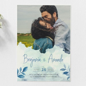 Carte d’invitation individuelle bleue pour le mariage avec photo et texte personnalisé | carte de mariage | | pour les clients | numérique Imprimable
