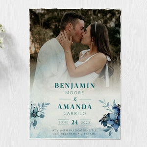 Blaue Individuelle Einladungskarte zur Hochzeit mit Foto und personalisierten Text | Hochzeitskarte | für Gäste | Digital | Druckbar