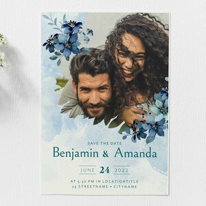 Blaue Individuelle Einladungskarte zur Hochzeit mit Foto und personalisierten Text | Hochzeitskarte | für Gäste | Digital | Druckbar