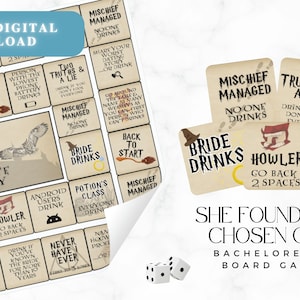 May include: A printable Harry Potter themed hen party game called "She Found Her Chosen One Bachelorette Drinkopoly". The game board features a variety of squares with different drinking rules, such as "Bride Drinks", "Potion's Class", and "Howler".