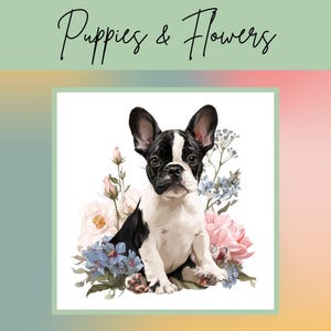 Impressão de filhotes e flores para artesanato, cartões, scrapbook, diário