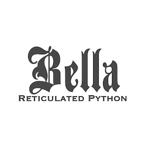 Könnte beinhalten: Ein Logo mit dem Namen "Bella" in einer stilisierten, gotischen Schriftart, über den Worten "Reticulated Python" in einer einfacheren Schriftart. Der Text ist dunkelgrau auf weißem Hintergrund.