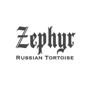 Peut inclure: Logo avec le mot "Zephyr" en police gothique, sur les mots "Russian Tortoise" en police sans-serif. Le texte est gris foncé sur fond blanc.