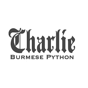 May include: The logo features the name "Charlie" in a stylized, gothic font above the words "Burmese Python." The text is dark gray against a white background. The design is simple and elegant.