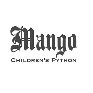 Könnte beinhalten: Das Logo zeigt das Wort "Mango" in einer verzierten gotischen Schriftart, darunter "Children's Python". Der Text ist dunkelgrau auf weißem Hintergrund.