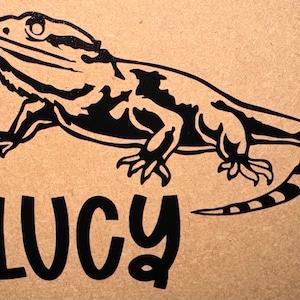 May include: Black and white silhouette of a bearded dragon lizard with the name "Lucy" written below it.