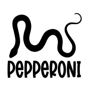 May include: Black graphic of a snake with the word "PEPPERONI" in bold, rounded letters beneath it. The snake is a solid, curved shape with a curled tail, set against a white background.
