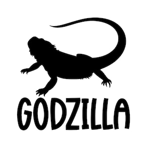 May include: A black silhouette of a lizard with a long tail, above the word "GODZILLA" in bold, black letters. The lizard is depicted in a dynamic pose, with its legs extended as if in motion, against a white background.