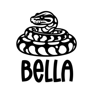 May include: Black and white graphic of a coiled snake with the name "BELLA" in bold letters below. The snake is detailed with patterns and a focused gaze, set against a clean white background. The design is suitable for stickers or apparel.