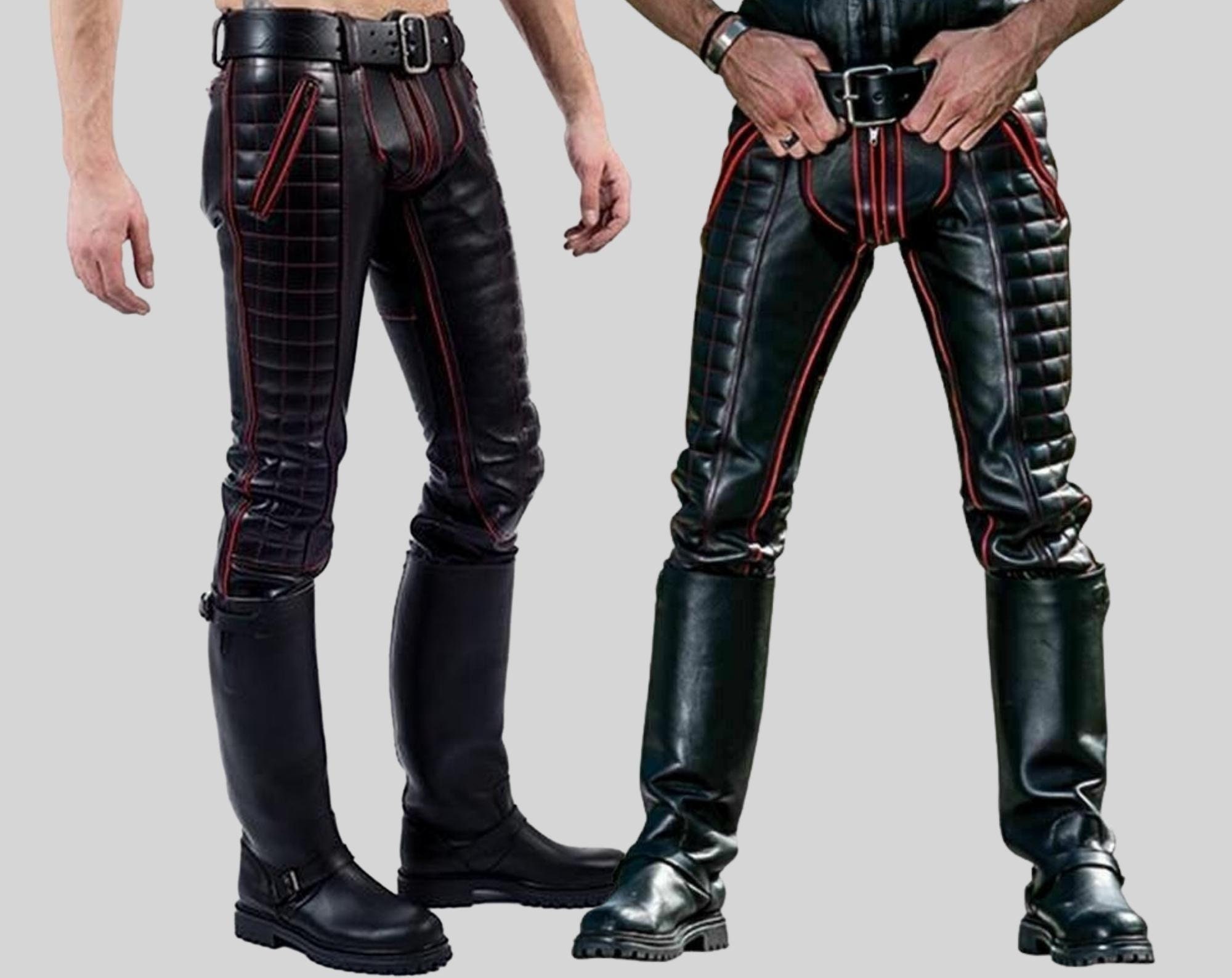 Mens Cowhide Leather Jeans Pant Red Stripes Piping Double Zip Etsy