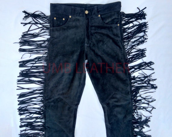 Cowboy Suede Fringe Leather Pants, Mens Black Western Native