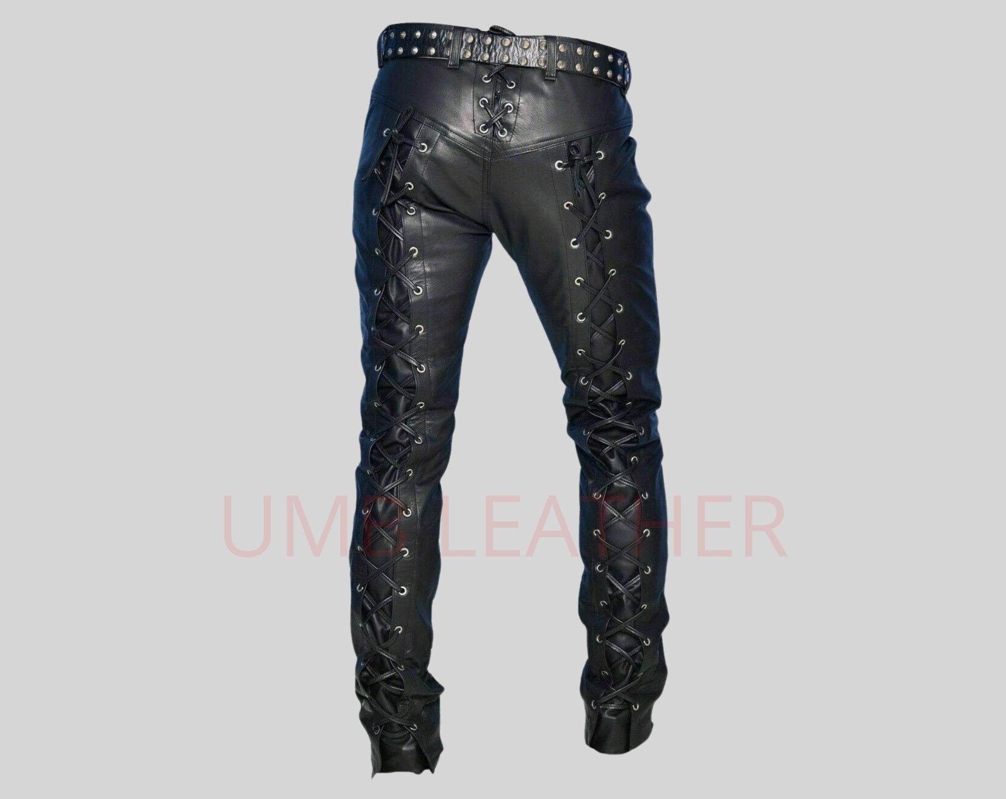 Men's Leather Pants Front & Back Laced up Black Bikers Etsy Canada