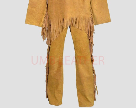 Native American Western Wear Buckskin Suede Leather War Suit Fringe Shirt &  Pant