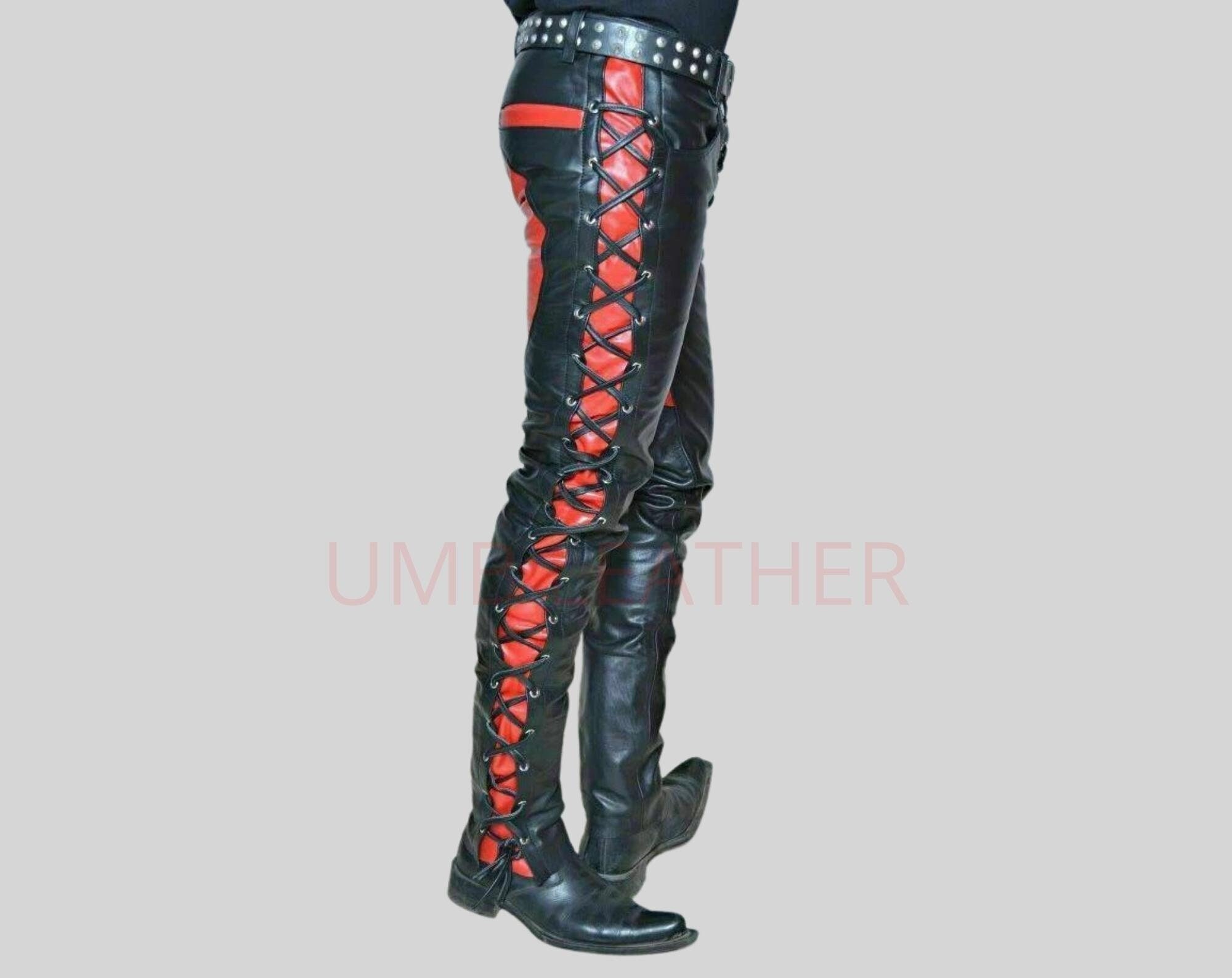 Men's Leather Pants Side Lace Up Black and Red Bikers 100% Real Leather Pant, Men Fashion Leather Vintage Look Lace-Up Pant