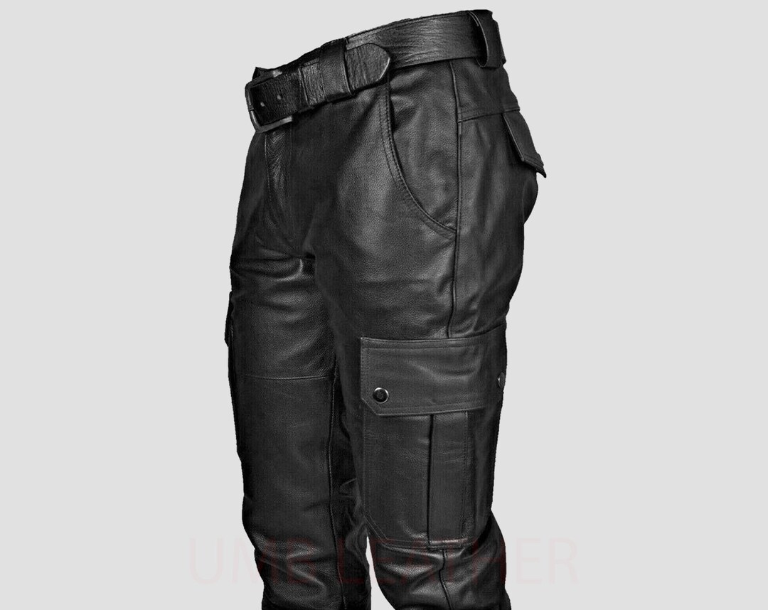 Mens Genuine Leather Black Cargo Pant 6 Pocket Jeans Trouser Utility mens-genuine-leather-black-cargo-pant-6-pocket-jeans-trouser-utility