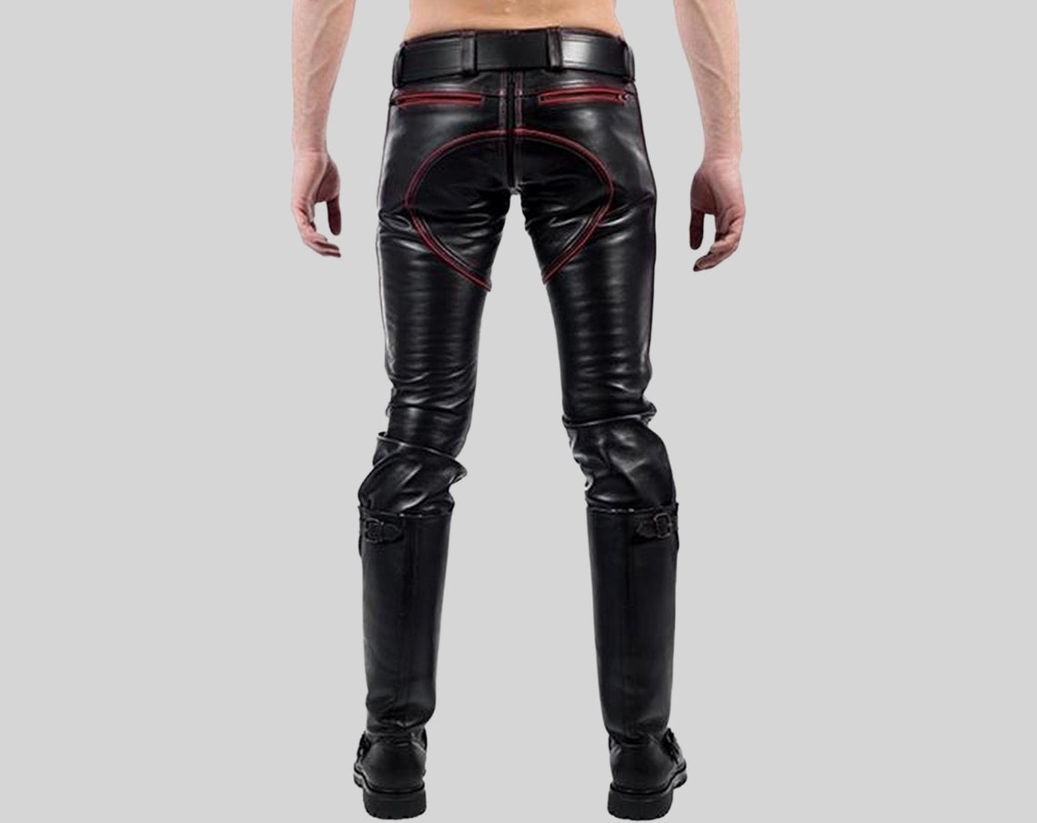 Mens Cowhide Leather Jeans Pant Red Stripes Piping Double Zip Etsy