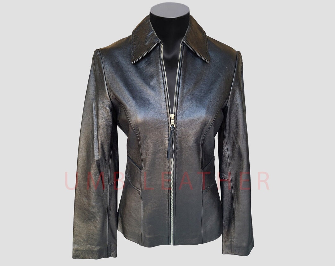Women's Black Leather Jacket Zip up Made of Genuine Real 100 Lambskin